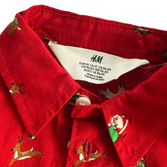 Toddler Boys H&M Christmas Reindeer Xmas Trees Pattern Shirt Red Size 2T NEW - Picture 4 of 5